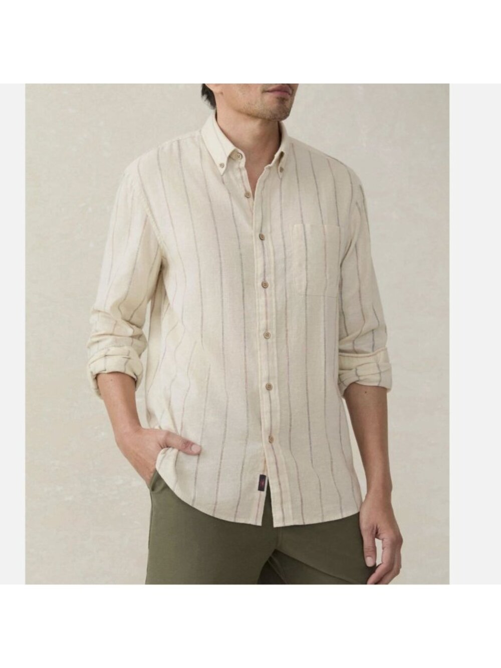 NWT Faherty Breeze Shirt Cloud Beach Stripe Ivory Long Sleeve Linen Blend L